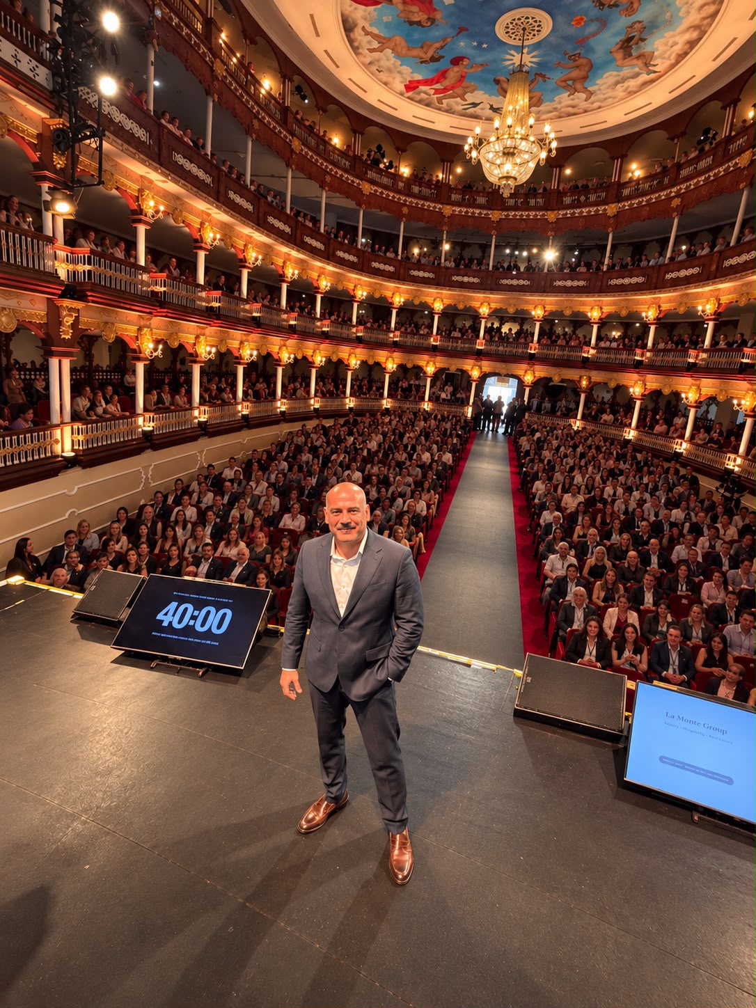 Fabiano Niederauer no palco de um teatro lotado
